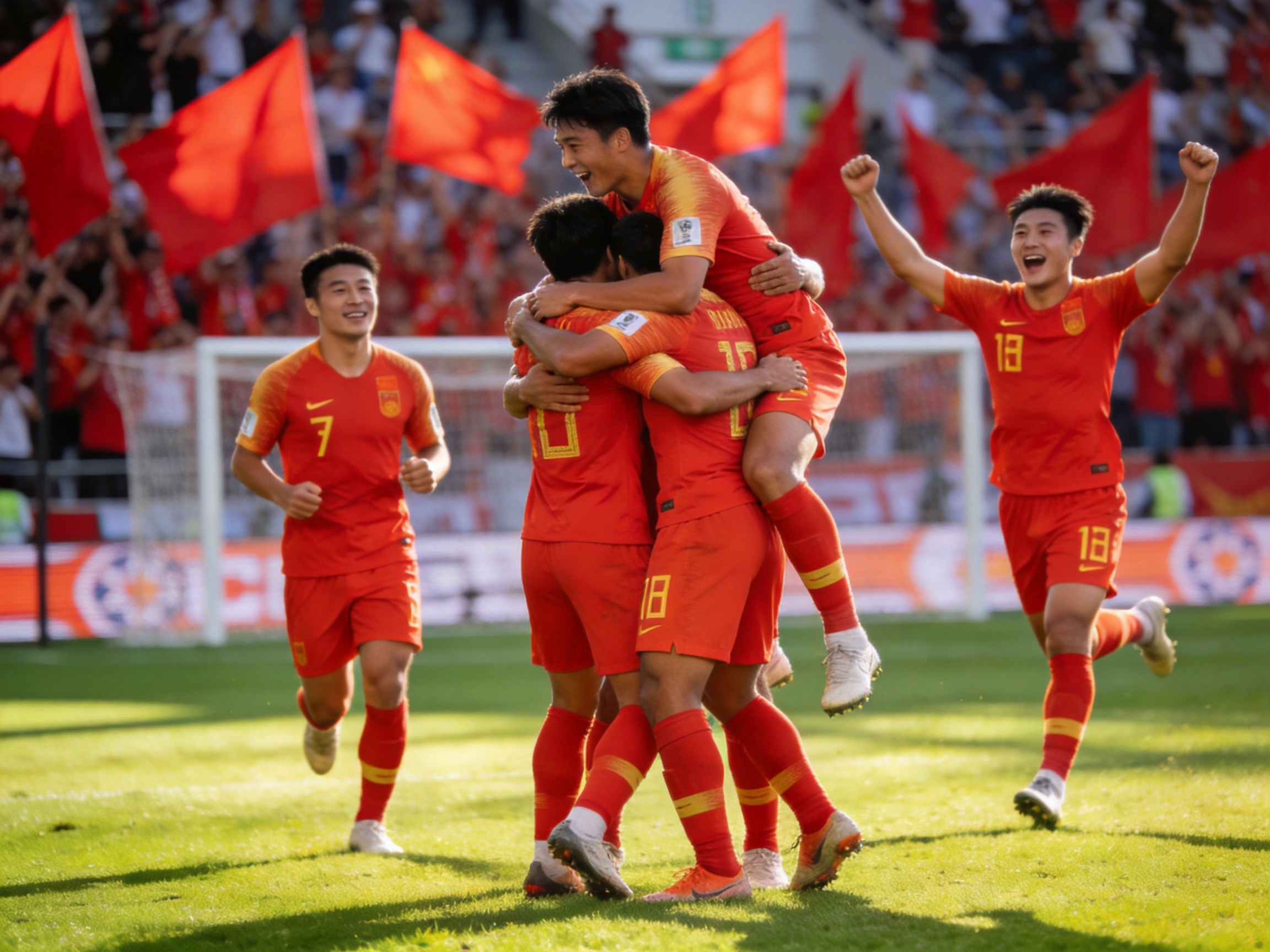 国足世预赛进球后庆祝画面